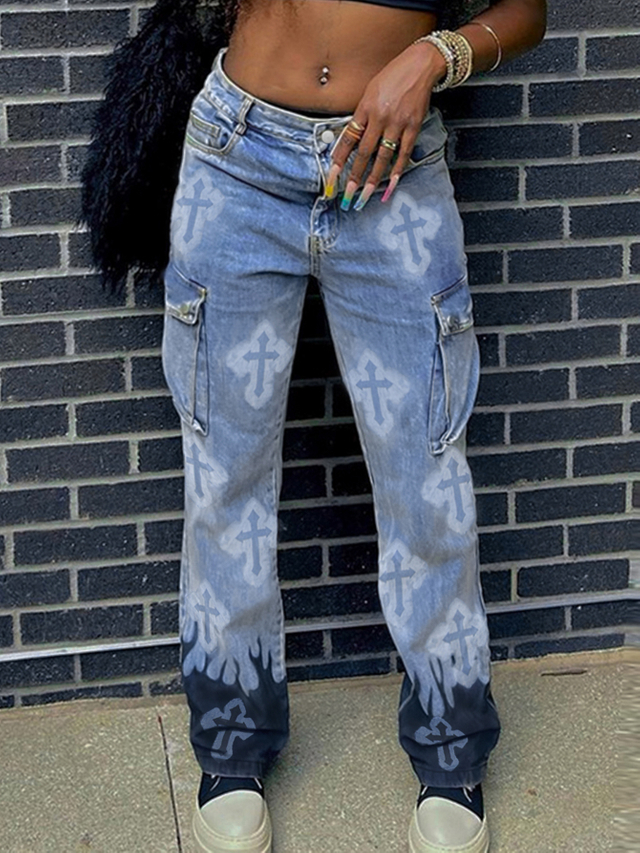 GILIPUR Damen Hip Hop Casual Streetwear Baggy Crosses Jeans MH107