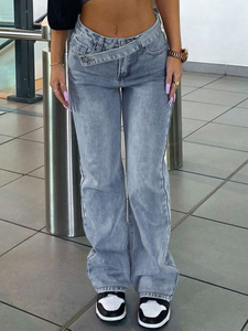 GILIPUR Damen-Jeans im Vintage-Stil mit hoher Taille, weitem Bein, geradem Bein und asymmetrischem Bund MH743