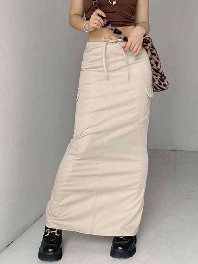 GILIPUR Lässiger Cargo-Maxirock mit Klappentasche und Kordelzug in der Taille für Damen MH004