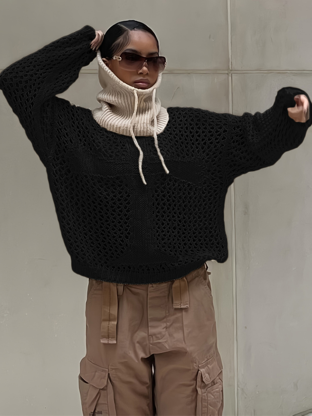 GILIPUR Damen Gothic Hohlstrickpullover Pullover Tops Durchsichtig TL216